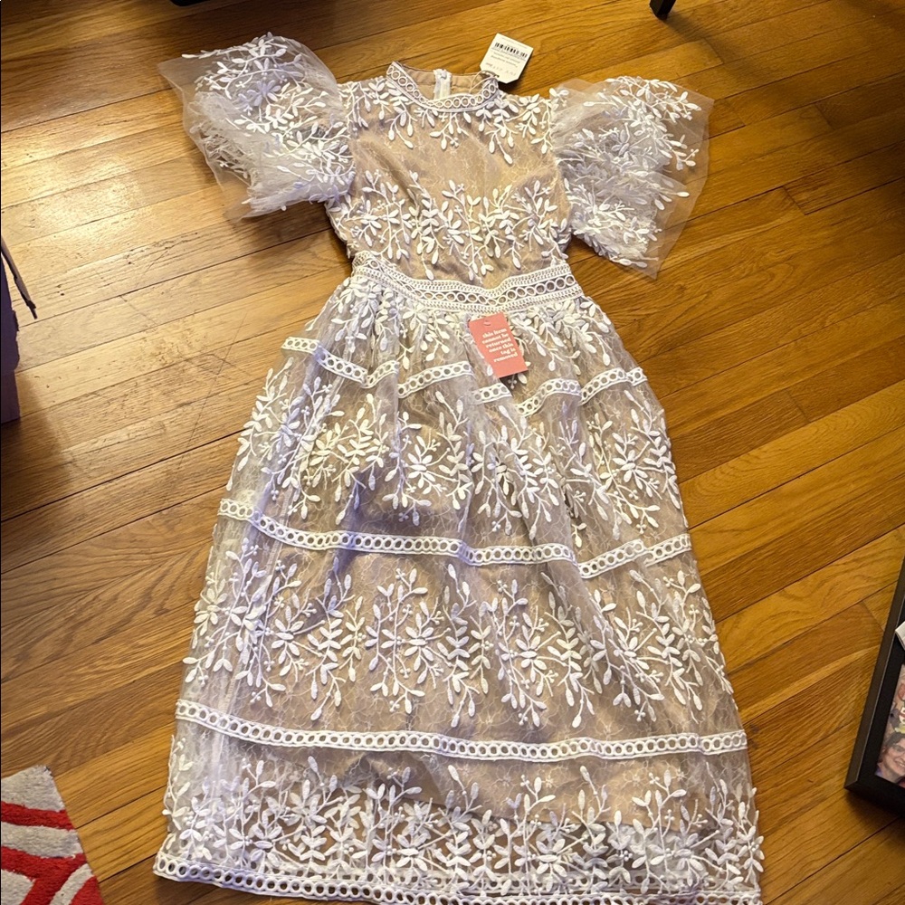 Ivy City Co Lace Midi Dress with White Floral Embroidery